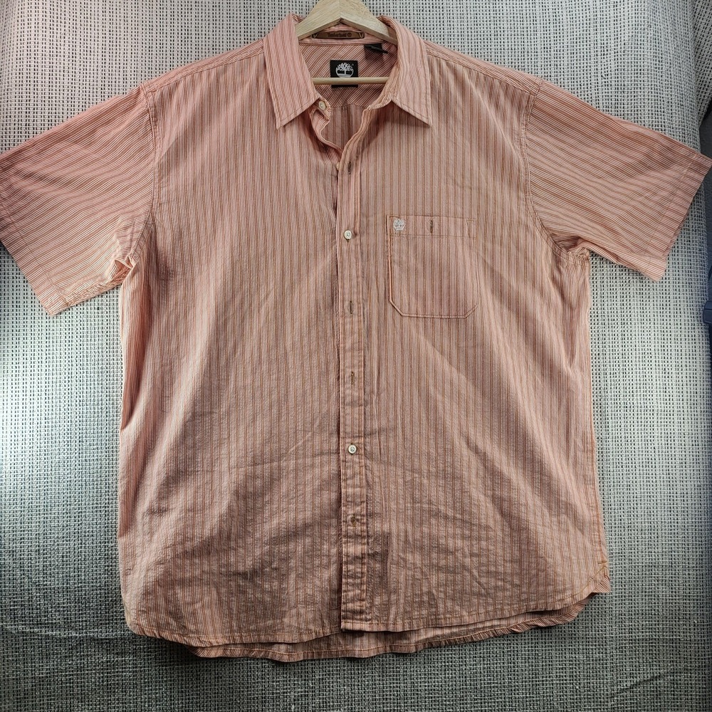 Timberland Shirt Mens XL Orange Striped Short‎ Sleeve Button Front Casual Pocket